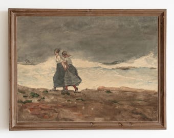Vintage Seascape Oil Painting: Girls in Storm, Moody Coastal Art (Digital Download)