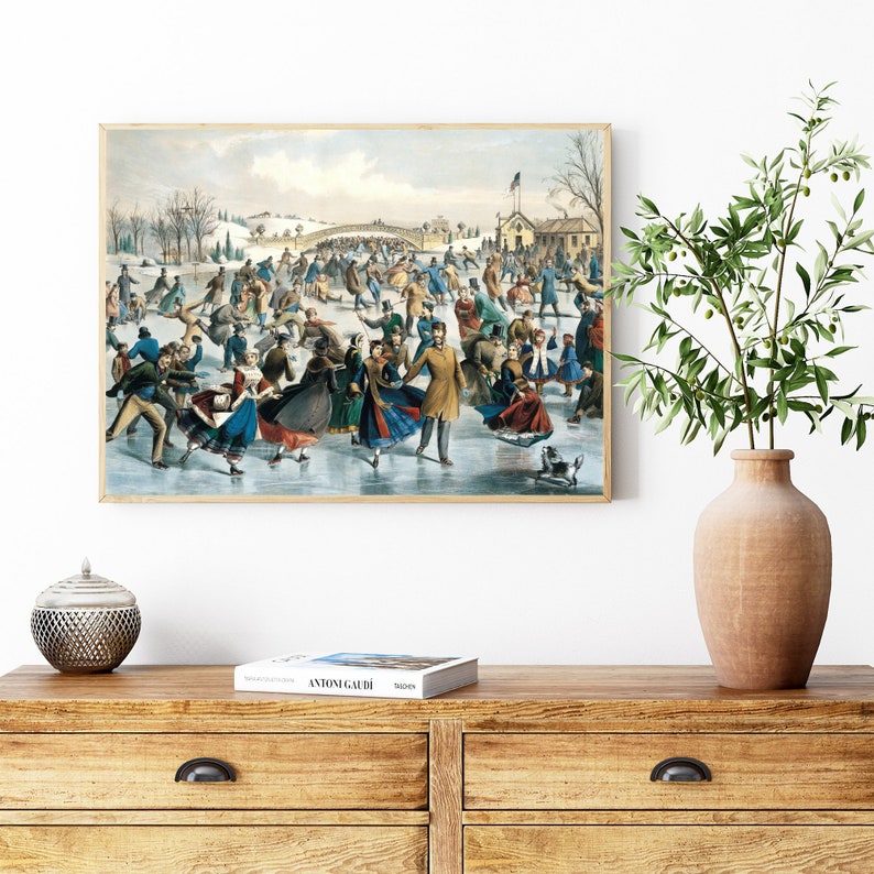May include: A vintage illustration of people ice skating on a frozen lake. The scene is set in a winter landscape with trees and a bridge in the background. The people are dressed in colorful clothing and are enjoying themselves on the ice.