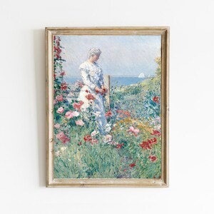 French Country Garden Painting, Vintage Portrait of Woman, Flower Landscape, Printable Art, Downloadable Prints