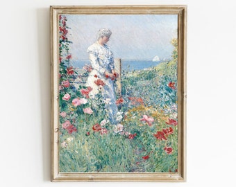 フランスの田舎の庭の絵画、女性のヴィンテージ肖像画、花の風景画