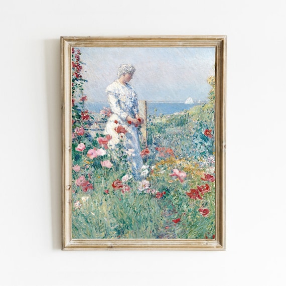 絵画 絵 額縁絵 プリント画 お花絵画 額縁付き絵 フランスの田舎の庭の絵画、女性のヴィンテージ肖像画、花の風景画