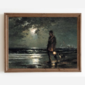 Vintage Seascape Painting, Night Beach Art, Coastal Beach Decor, Moonlight Oil Painting, Antique Ocean, Landscape Painting, Printable Art