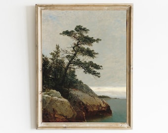 Vintage Coastal Pine Tree Art Print: Seascape Landscape Painting (Digital Download)