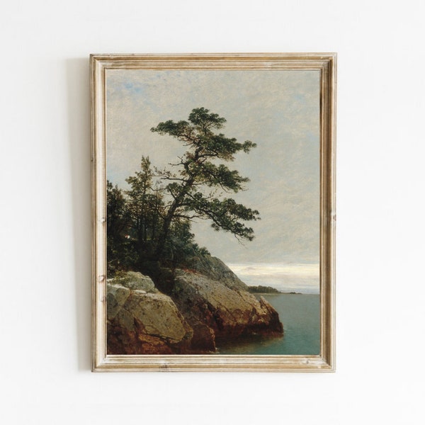 Vintage Tree Painting, Landscape Art Painting, Tree Art Print, Seascape Painting, Coastal Lone Pine, Country Landscape Painting, Antique Art