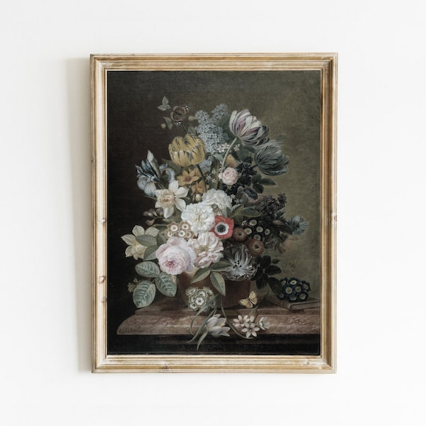 Bloem Stilleven schilderij, Vintage bloem print, antieke botanische, floral art print, moody kunst, afdrukbare kunst, digitale kunst aan de muur