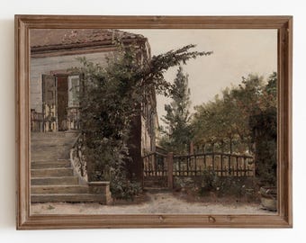 Vintage Cottage Landscape Painting: Farmhouse Printable Art (Digital Download)