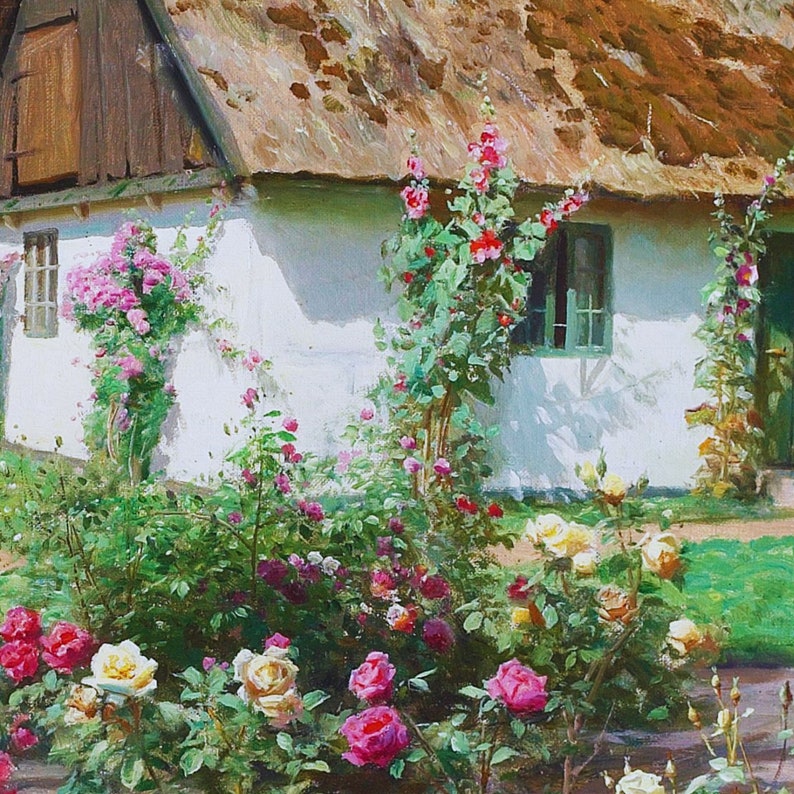 Puede incluir: Una casita blanca con techo de paja y un jard&iacute;n lleno de rosas rosas y blancas y malvas rojas.
