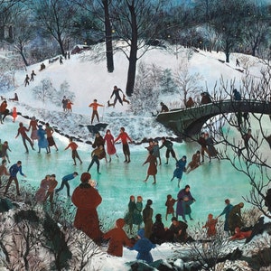 May include: A vintage illustration depicting a snowy winter scene with people ice skating on a frozen pond. The pond is surrounded by trees and a bridge. The people are wearing winter clothing and enjoying the winter weather.