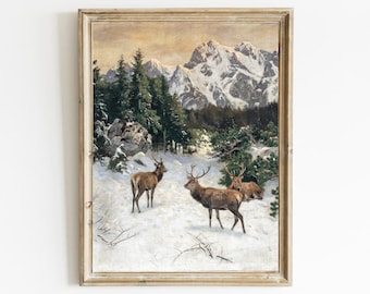 Peinture hiver chevreuil : impression d'art cabane vintage (téléchargement numérique)