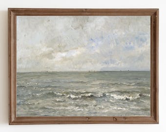 Pintura de paisaje marino vintage: Decoración neutra de casa de playa (Descarga digital)