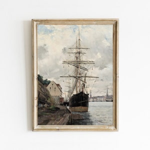 Vintage Ship Oil Painting, Nautical Art Print, Coastal Decor, Harbor Seascape Painting, Printable Wall Art, Antique Painting, Boat Art Print