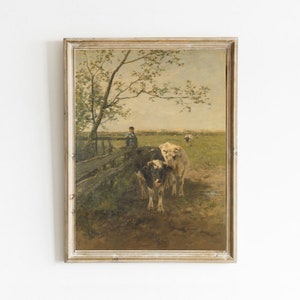 Country Landscape Print, Vintage Cows Painting, Farmhouse Wall Decor, Farm Painting, Landscape Painting, Printable Art, Digital Art