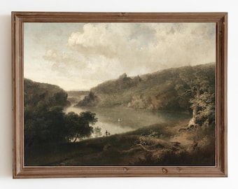 Vintage Lake Landscape Painting: Rustic Antique Art Print (Digital Download)