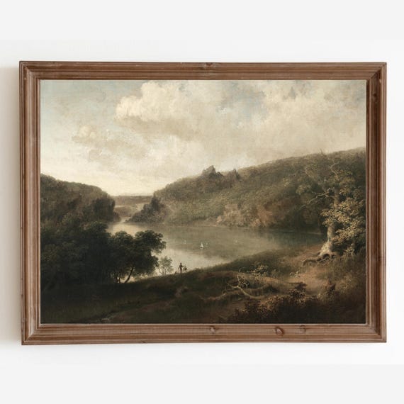 Vintage Lake Landscape Painting: Rustic Antique Art Print (Digital Download)