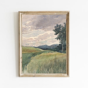 Vintage Landscape Oil Painting, Country Farmhouse Decor, Watercolor Art Print, Spring Landscape Painting, Printable Art