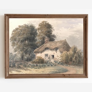 Vintage Cottage Watercolor Painting: Country Landscape Art Print (Digital Download)