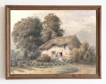 Vintage Cottage Watercolor Painting: Country Landscape Art Print (Digital Download)