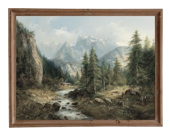 Rustic Mountain Landscape Painting, Vintage Forest Print, Country Wall Decor, Vintage Landscape Print, Antique Scenery Print, Printable Art