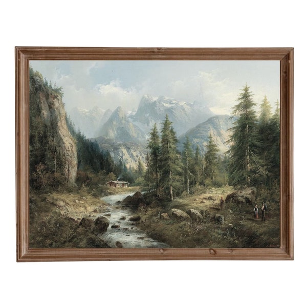 Rustic Mountain Landscape Painting, Vintage Forest Print, Country Wall Decor, Vintage Landscape Print, Antique Scenery Print, Printable Art