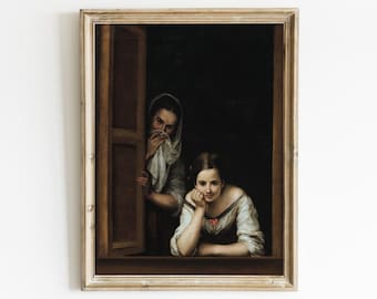 Pintura de retratos de mujeres, Impresión de arte vintage, Mujeres en la ventana, Pintura al óleo antigua, Impresión de retratos, Arte imprimible digital, Impresión de bellas artes