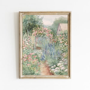 Flower Garden Print, Summer Garden Painting, Vintage Country Landscape, Antique Farmhouse Garden Decor, Printable Art
