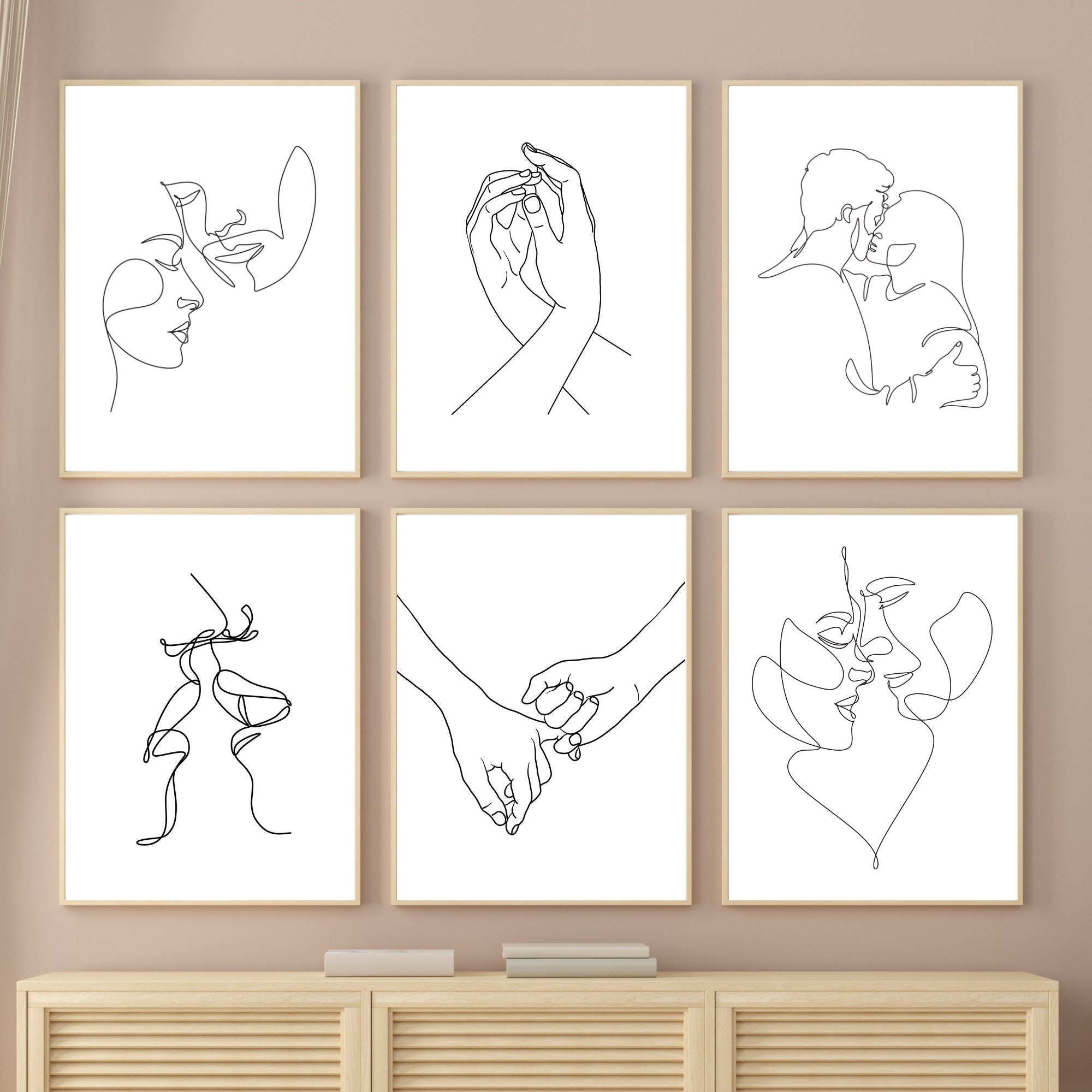 One Line Drawing Set, Minimalist Couple Kissing, Couple Kiss Illustration,  Romantic Wall Art, No 02 #2 Wood Print by Mounir Khalfouf - Pixels