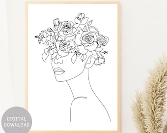 Woman One Line Drawing, Head Of Flowers Art Print, Female Line Art, Minimalist Print, Flower Line Art, Black And White Print, Line Art Print