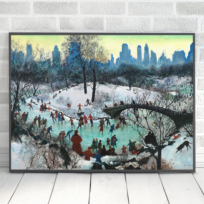 May include: A vintage painting depicting a snowy scene in Central Park, London. The painting shows a frozen pond with people ice skating, a bridge, and a cityscape in the background. The painting is done in a realistic style with muted colours.