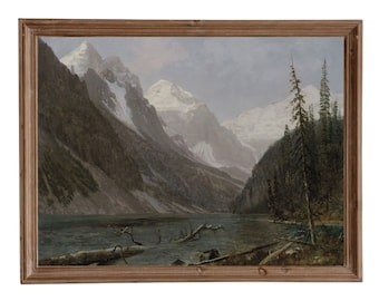 Stampa di un lago rustico, dipinto di un paesaggio montano vintage, arredamento country, arte stampabile, arte scaricabile
