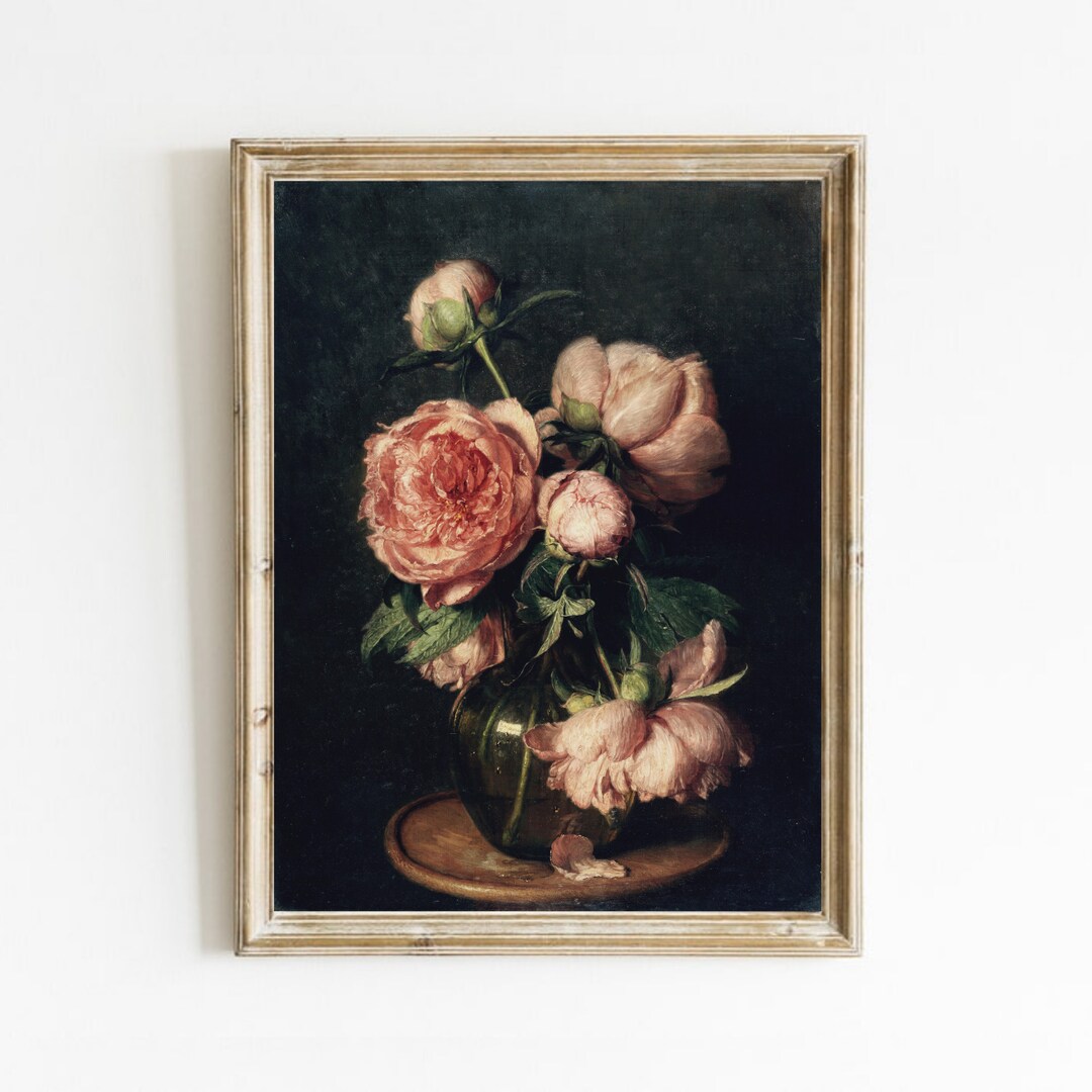 Vintage Flower Still Life Painting, Moody Dark Floral Print, Peony Wall ...