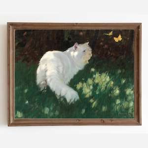 Vintage Cat Painting, Animal Art Print, Cat Nursery Print, White Cat and Butterflies, Printable Art, Digital Download