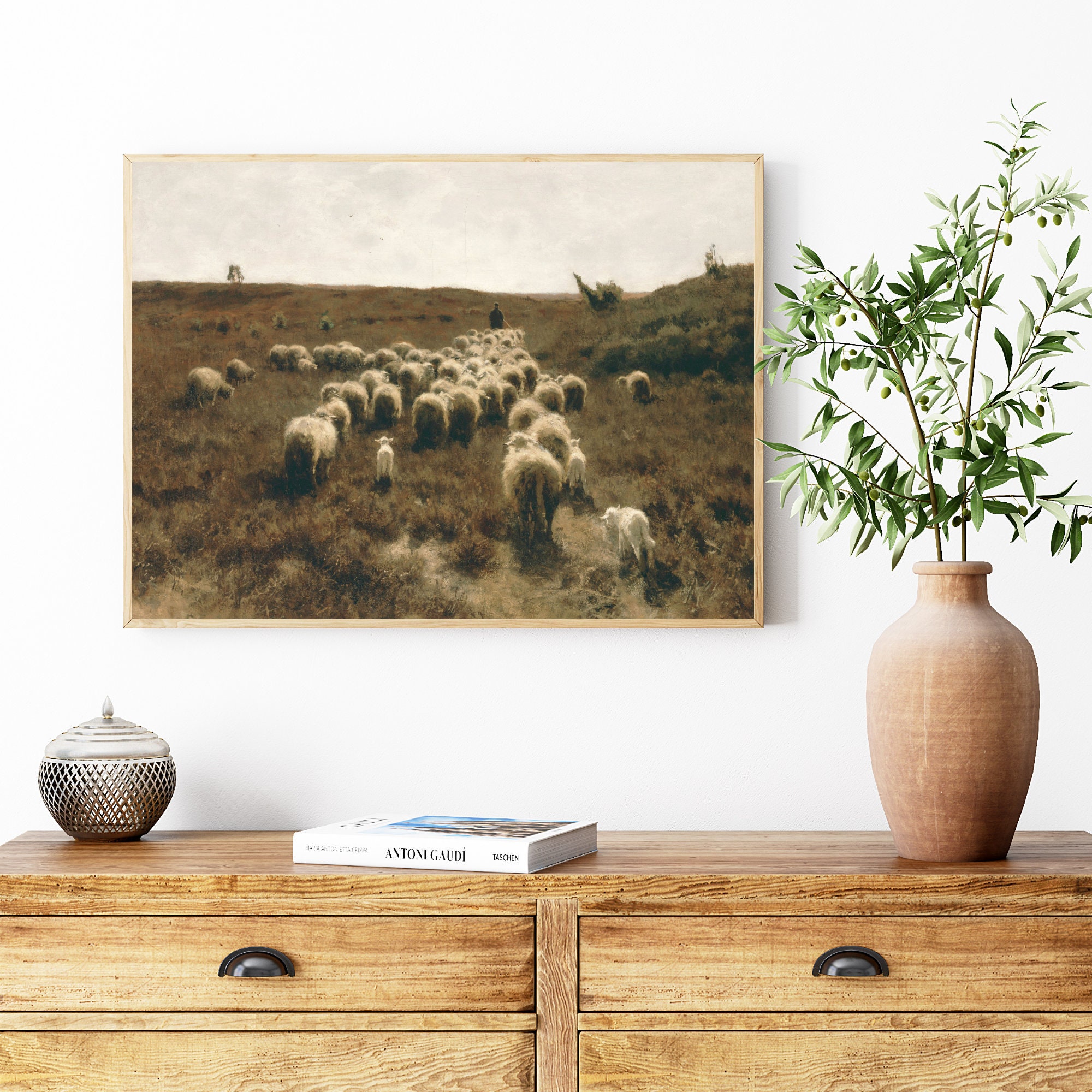 Vintage Sheep Landscape Painting: Farmhouse Art Print (digital Print ...