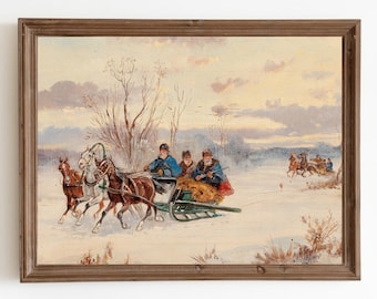 Schlittenfahrt Print: Winterliche Schneelandschaft, Weihnachten auf dem Bauernhof (Digitaler Download)