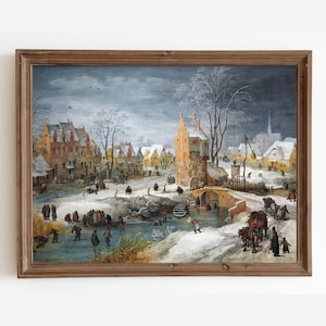Vintage Ice Skating Painting, Winter Village Holiday Decor Digital Download