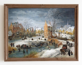 Vintage Ice Skating Painting, Winter Village Holiday Decor Digital Download