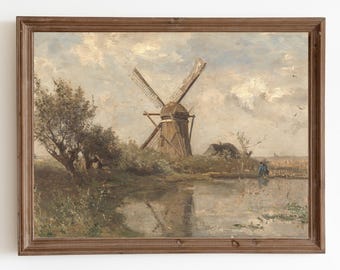 オランダの風車の風景画｜ヴィンテージオランダの田園風景油絵（印刷