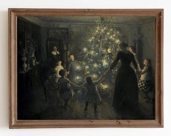 Impression d'art vintage sapin de Noël : décoration murale de vacances en famille, peinture d'hiver (téléchargement numérique)