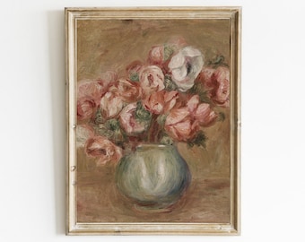 Vintage Rose Print: Still Life Flower Painting, Farmhouse Decor (Digital Download)