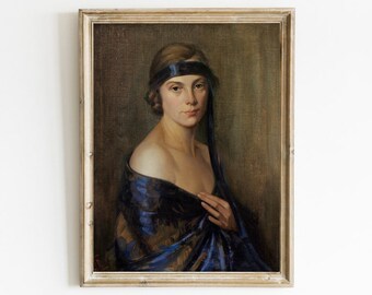 Portret kobiety w stylu vintage: nastrojowy, antyczny wydruk artystyczny (pobranie cyfrowe)