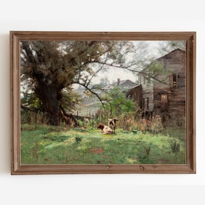 Vintage Farm Print, Farm Animal Painting, Vintage Farmhouse Decor, Old Barn Painting, Antique Cow Painting, Country Landscape, Printable Art