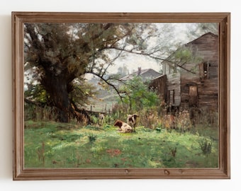 Vintage Cow Painting: Farmhouse Barn Landscape Art (Digital Download)