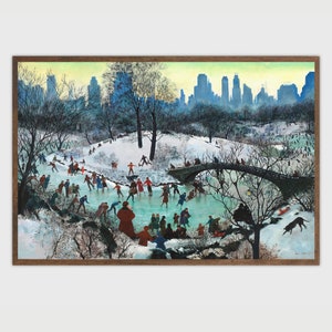 May include: A vintage illustration depicting a winter scene in Central Park, New York City. The illustration shows people ice skating on a frozen pond, with a bridge and tall buildings in the background. The sky is a pale blue with a hint of pink, and the trees are bare and covered in snow.