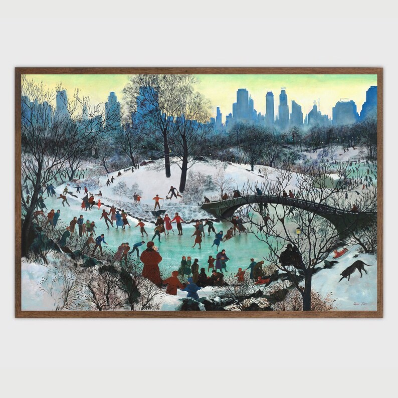 May include: A vintage illustration depicting a winter scene in Central Park, New York City. The illustration shows people ice skating on a frozen pond, with a bridge and tall buildings in the background. The sky is a pale blue with a hint of pink, and the trees are bare and covered in snow.