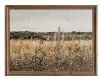Dipinto di paesaggio francese con campo di fiori selvatici: stampa di una fattoria d'epoca (download digitale)