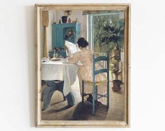 Antique Woman Reading Portrait, Vintage Interior Painting, Breakfast Painting, Downloadable Print, Printable Art