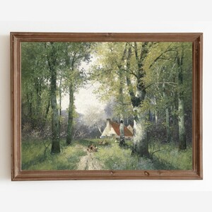 May include: A painting of a small cottage nestled in a lush green forest. The cottage has a red roof and white walls, and is surrounded by tall trees with green leaves. The path leading to the cottage is lined with wildflowers.