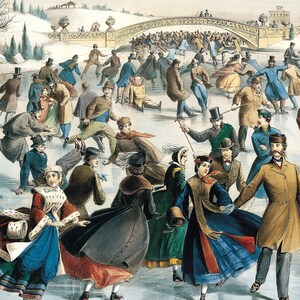 May include: A vintage illustration of people ice skating on a frozen lake in Central Park, New York City. The scene is set in the winter with snow on the ground and a bridge in the background. The people are dressed in warm clothing and are enjoying the winter weather.