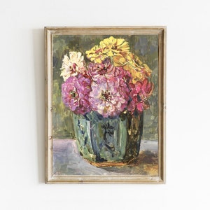 May include: A framed oil painting of a bouquet of pink and yellow flowers in a green and blue vase. The flowers are arranged in a loose, natural style, and the vase is decorated with a floral pattern.
