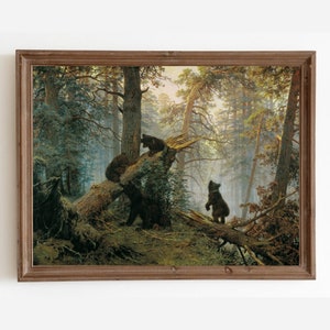 Bär Kunstdruck, Baby Bären Wald Malerei, Wald Bäume Landschaft druckbar, Vintage Tier Druck, Antikes Kunstwerk, Vintage Cottage Dekor