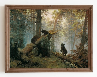 Vintage Bear Art Print: Forest Landscape Painting (Digital Download)